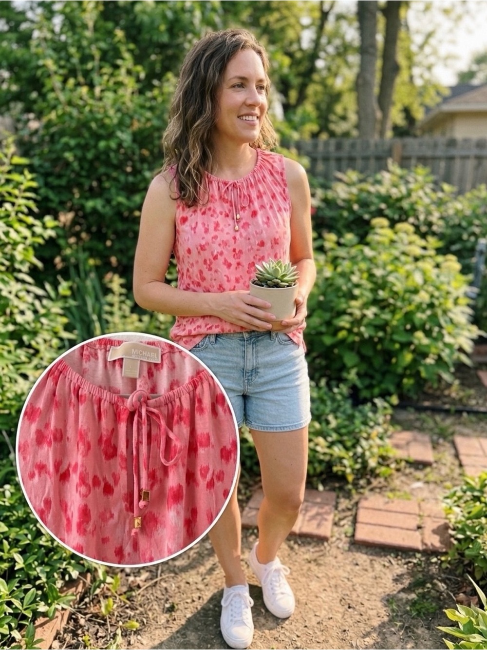 Michael Kors Coral Pink Printed Sleeveless Tie-Neck Tank